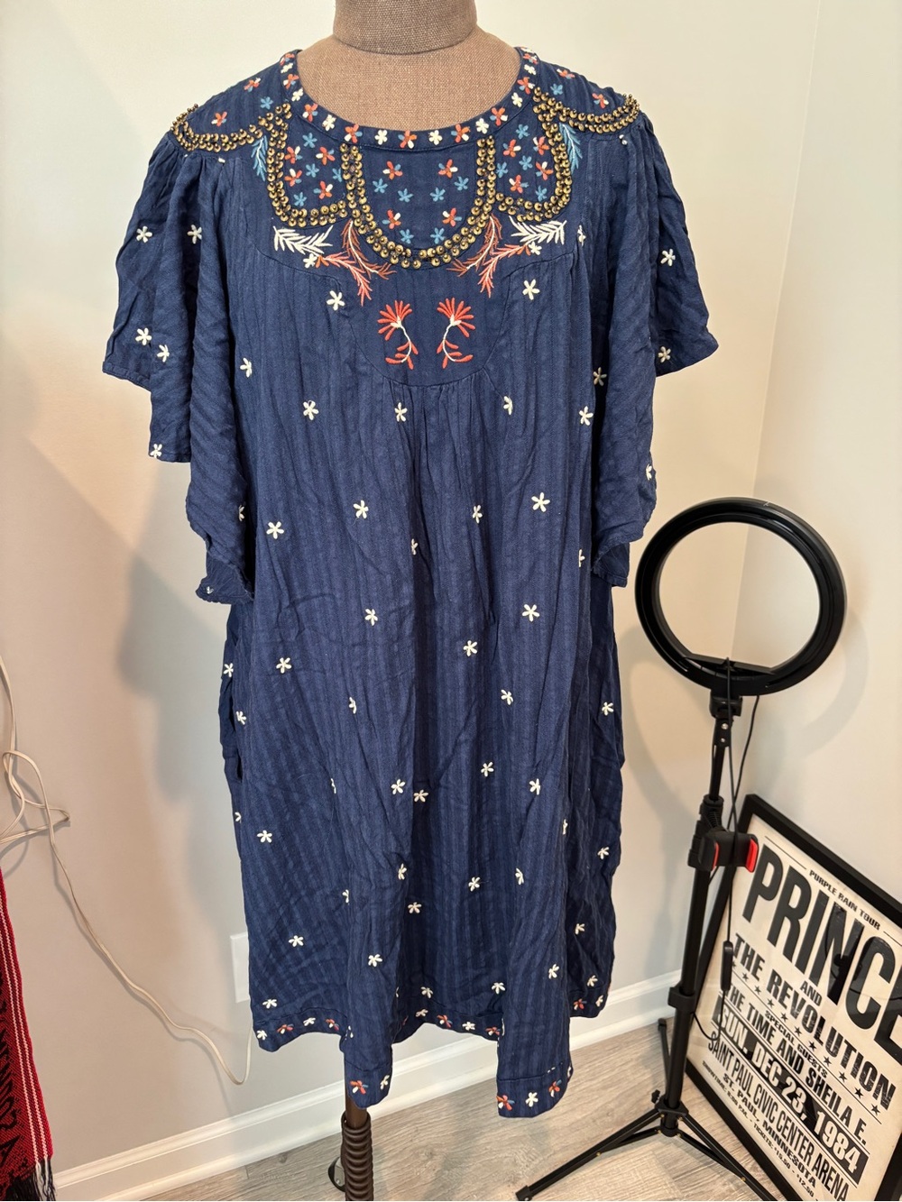 Anthropologie Navy Embroidered Midi Dress